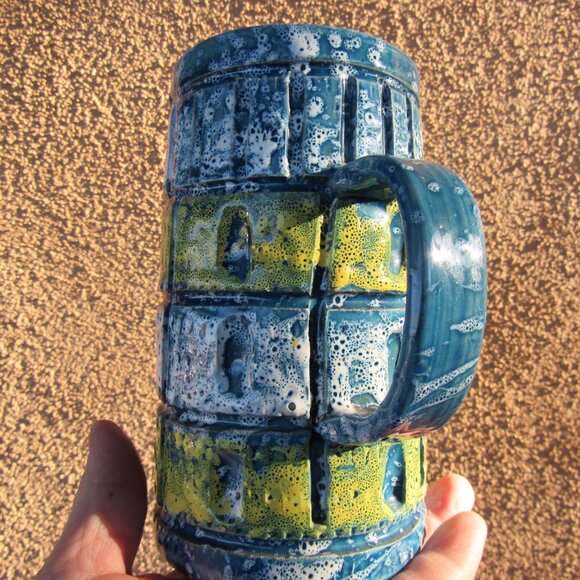 Handmade Vintage Blue and Yellow Italian Lava Glaze Pitcher - Picture 3 of 5